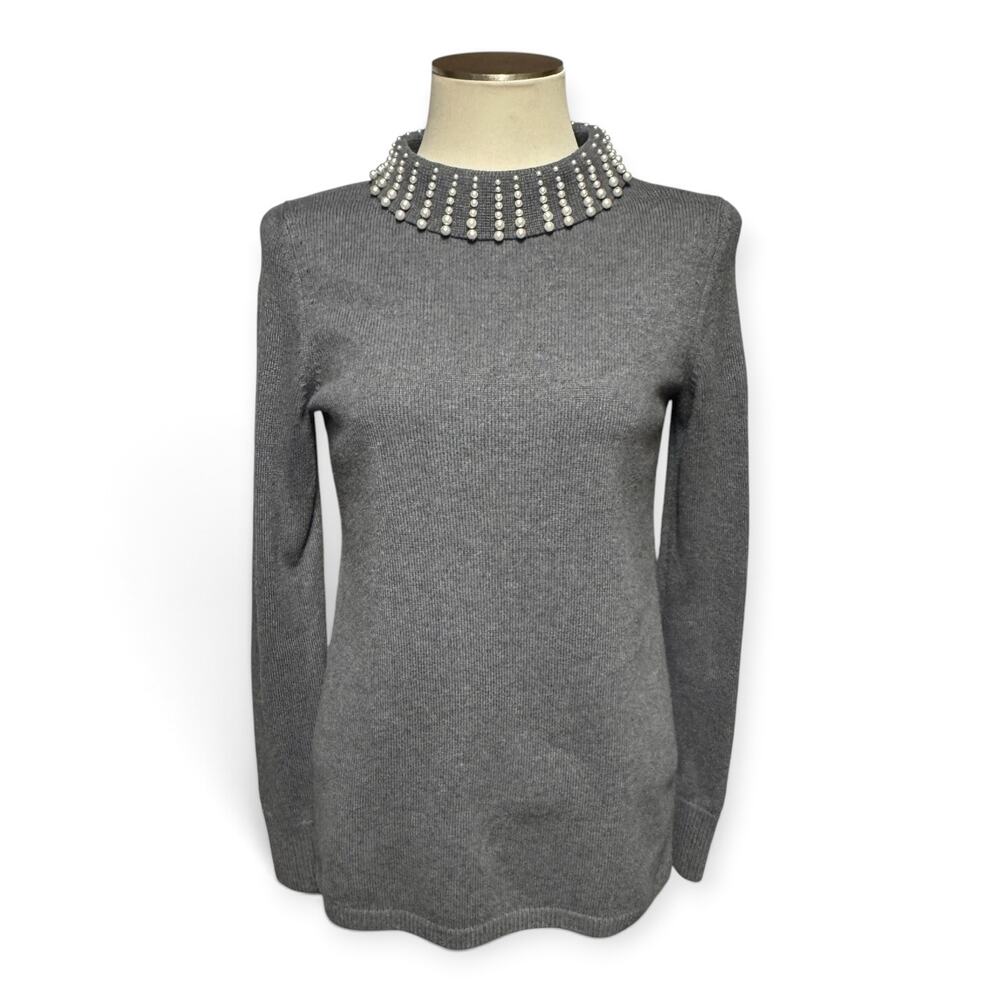 Talbots Sabrina Cotton Cashmere Pearl Embellished Tunic Sweater Gray XS